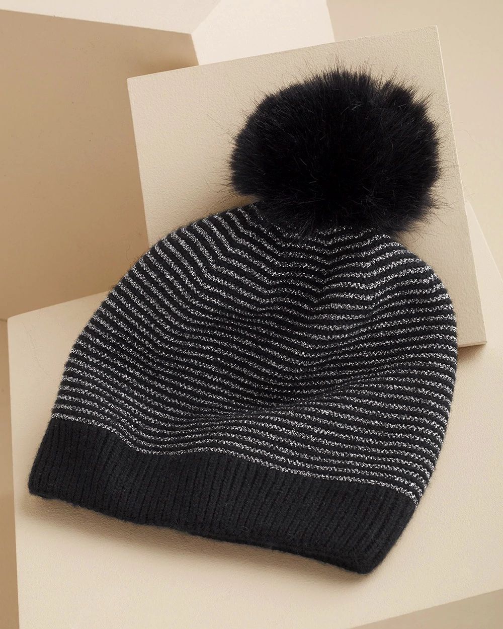 Metallic Knit and Faux Fur Pom Pom Hat
