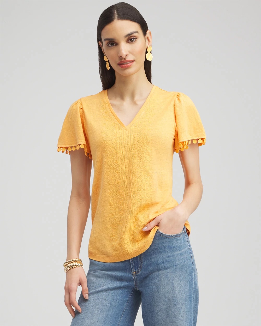 Linen Embroidered Flutter Sleeve Top