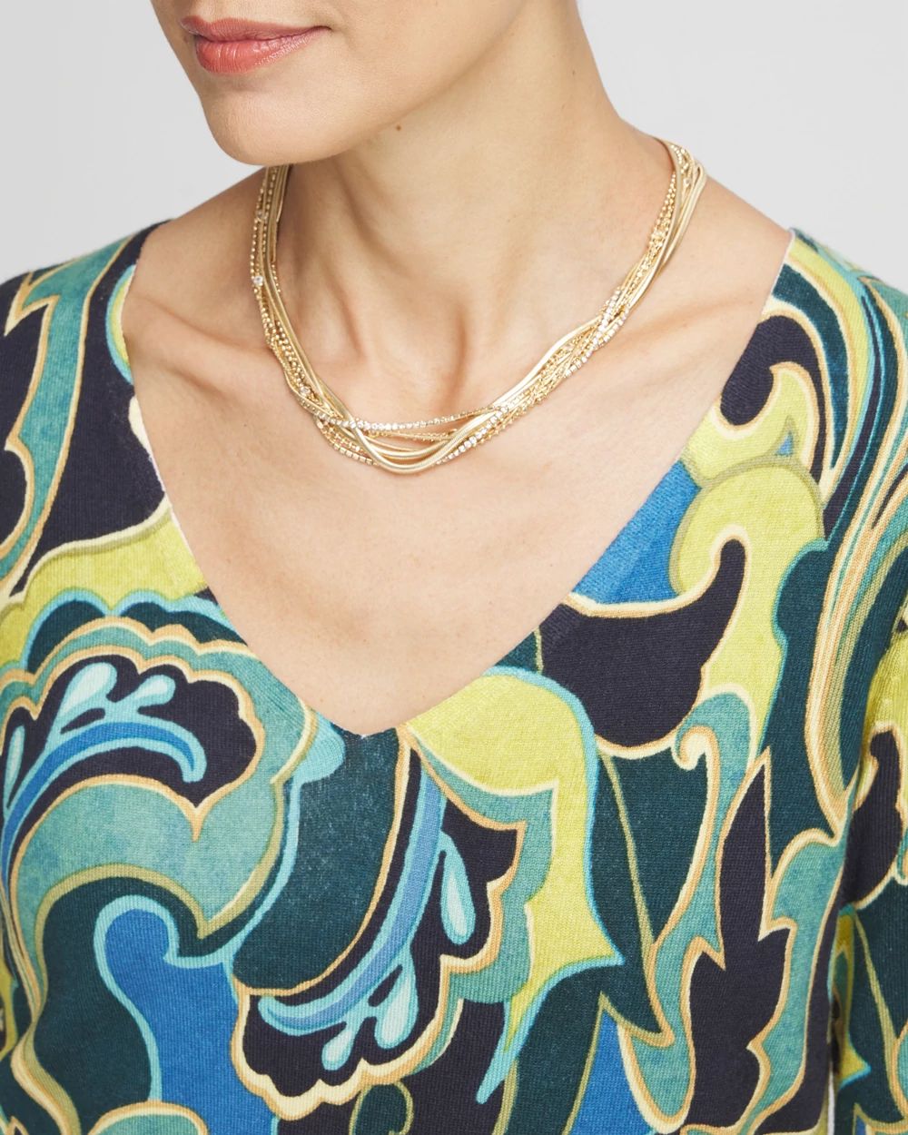 Scroll Print V-Neck Sweater