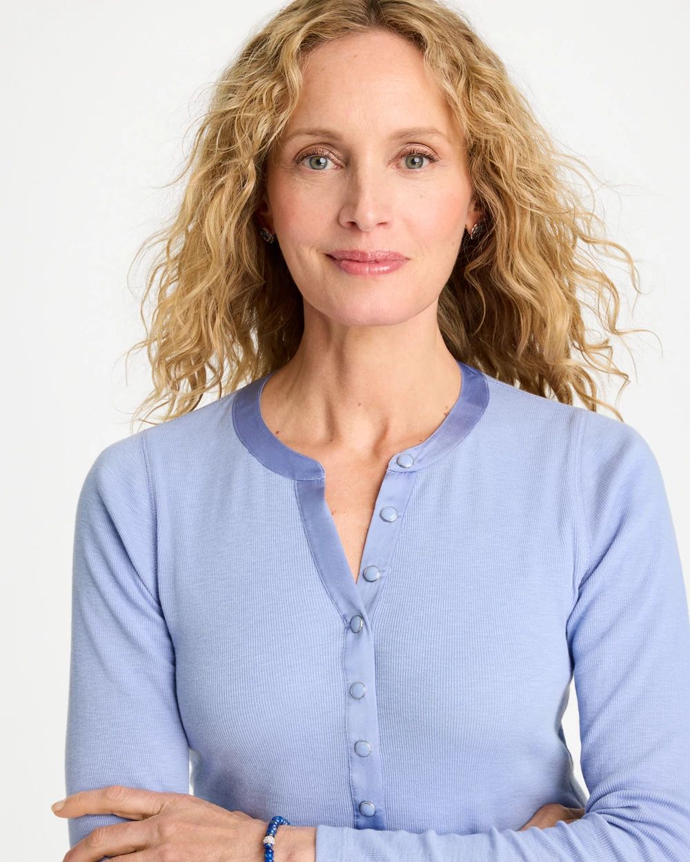 Satin Trim Ribbed Henley Tee click to view larger image.