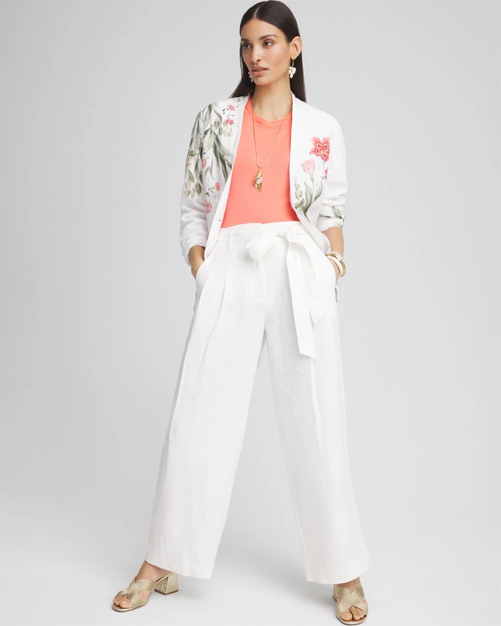 Petite Belted Pleated Wide-Leg Linen Pants