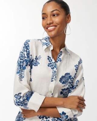 No Iron Linen 3/4 Sleeve Floral Shirt