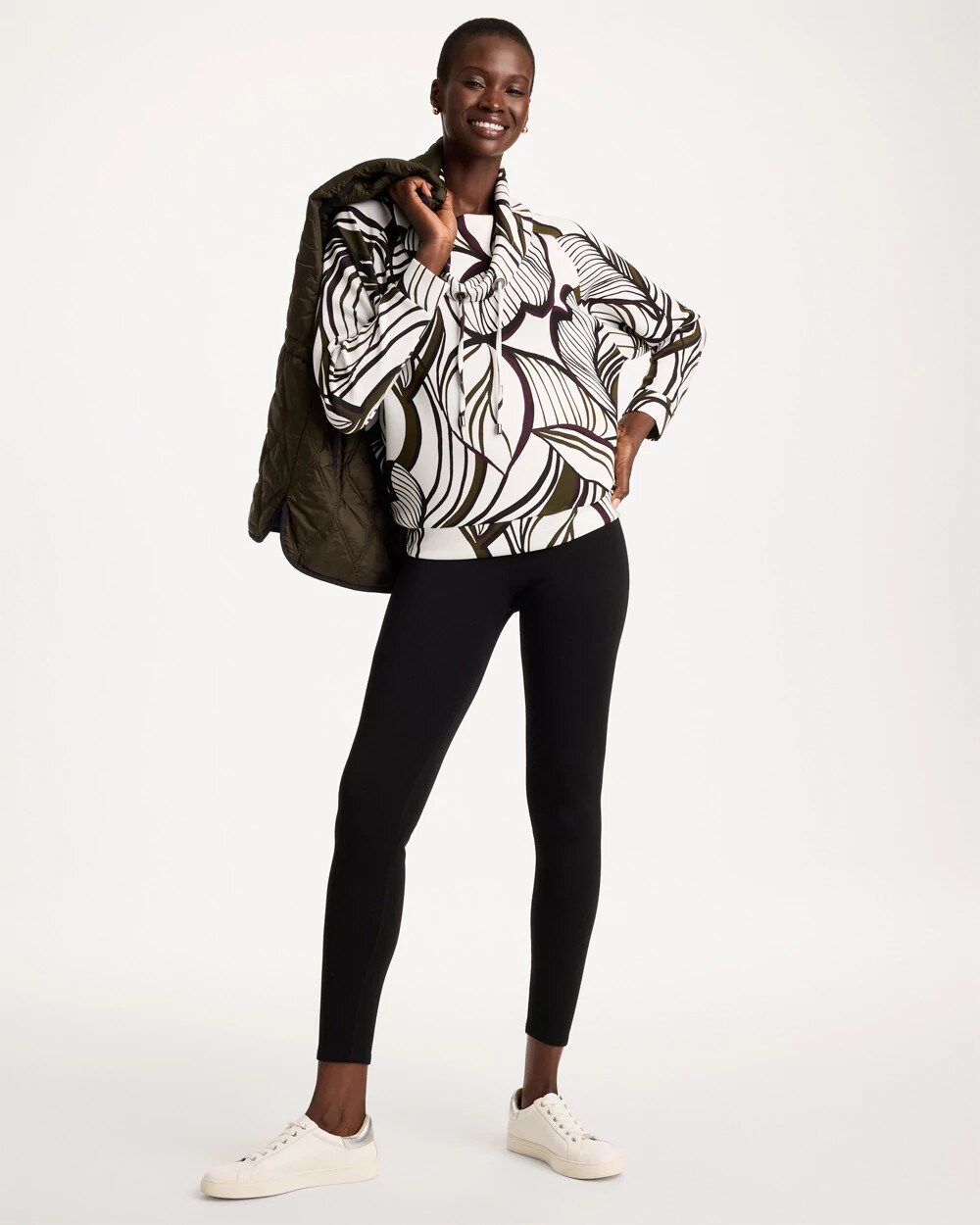 Chico's Soft Leaf Print Cowlneck Pullover In Green In Primordial Forest