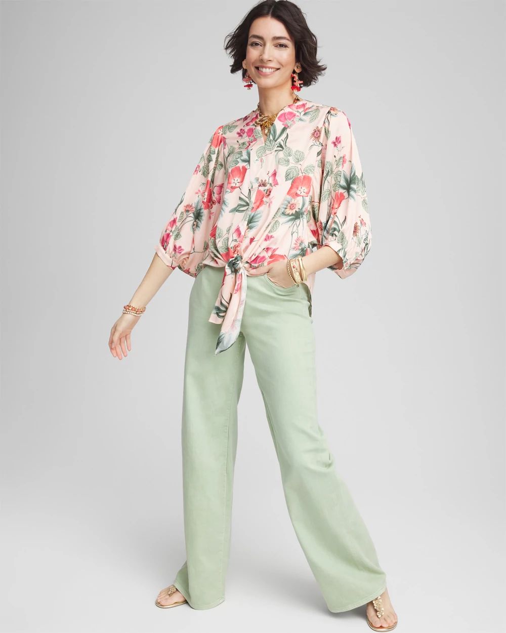 Floral Satin Tie-Front Pullover Top