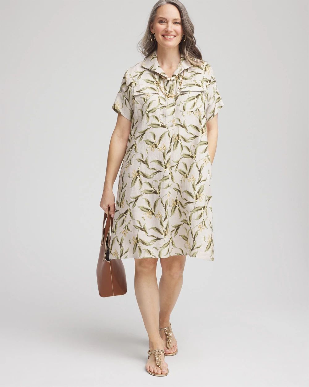Leaf Print Linen Shirtdress click to view larger image.