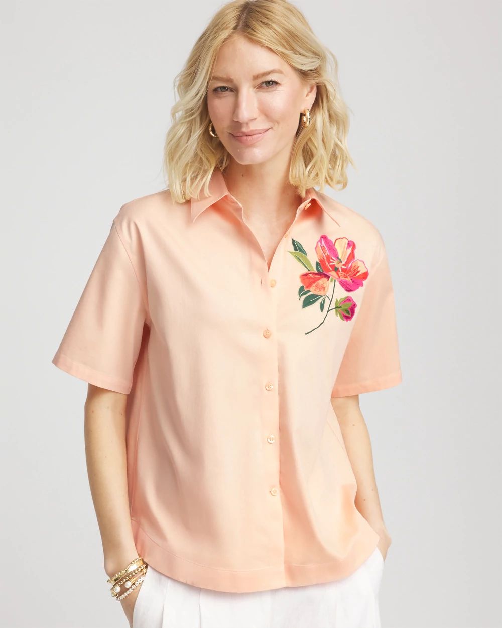 No Iron™ Embroidered Floral Short-Sleeve Shirt
