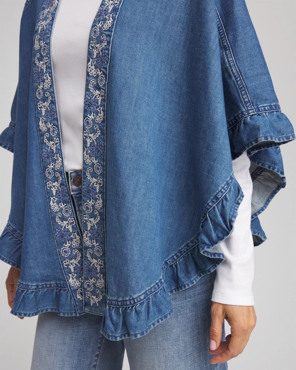 Embroidered Denim Ruffled Ruana click to view larger image.