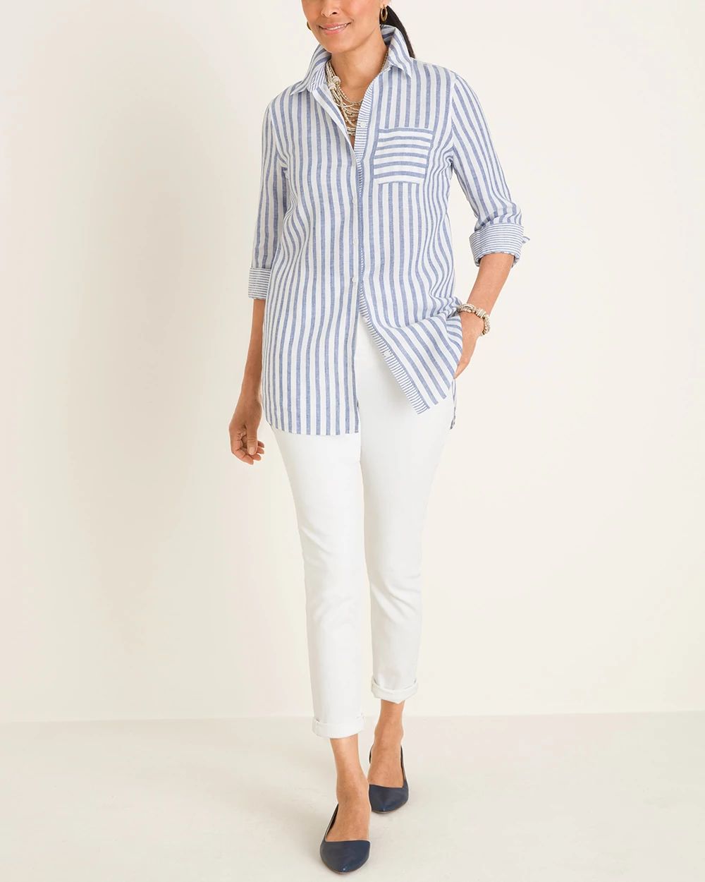 No-Iron Linen Striped Shirttail Hem Tunic