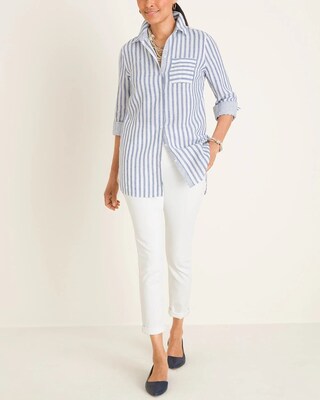 No-Iron Linen Striped Shirttail Hem Tunic