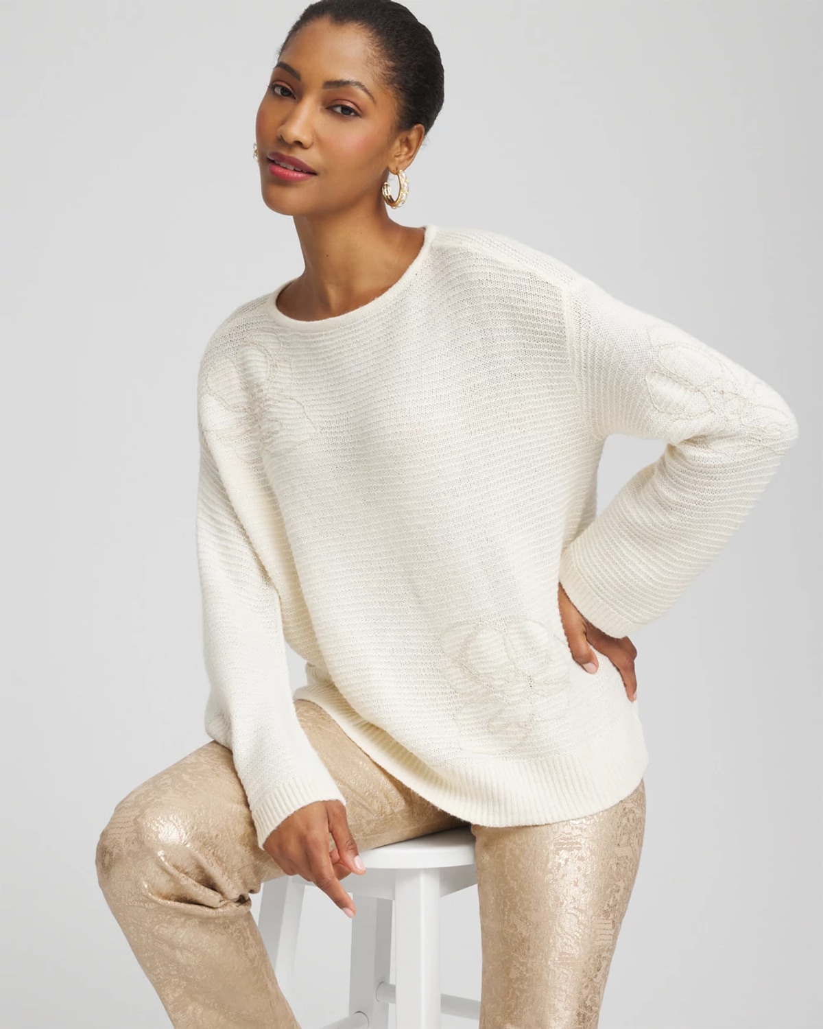 Chico's Tonal Embroidered Boatneck Pullover Sweater In Cream In White