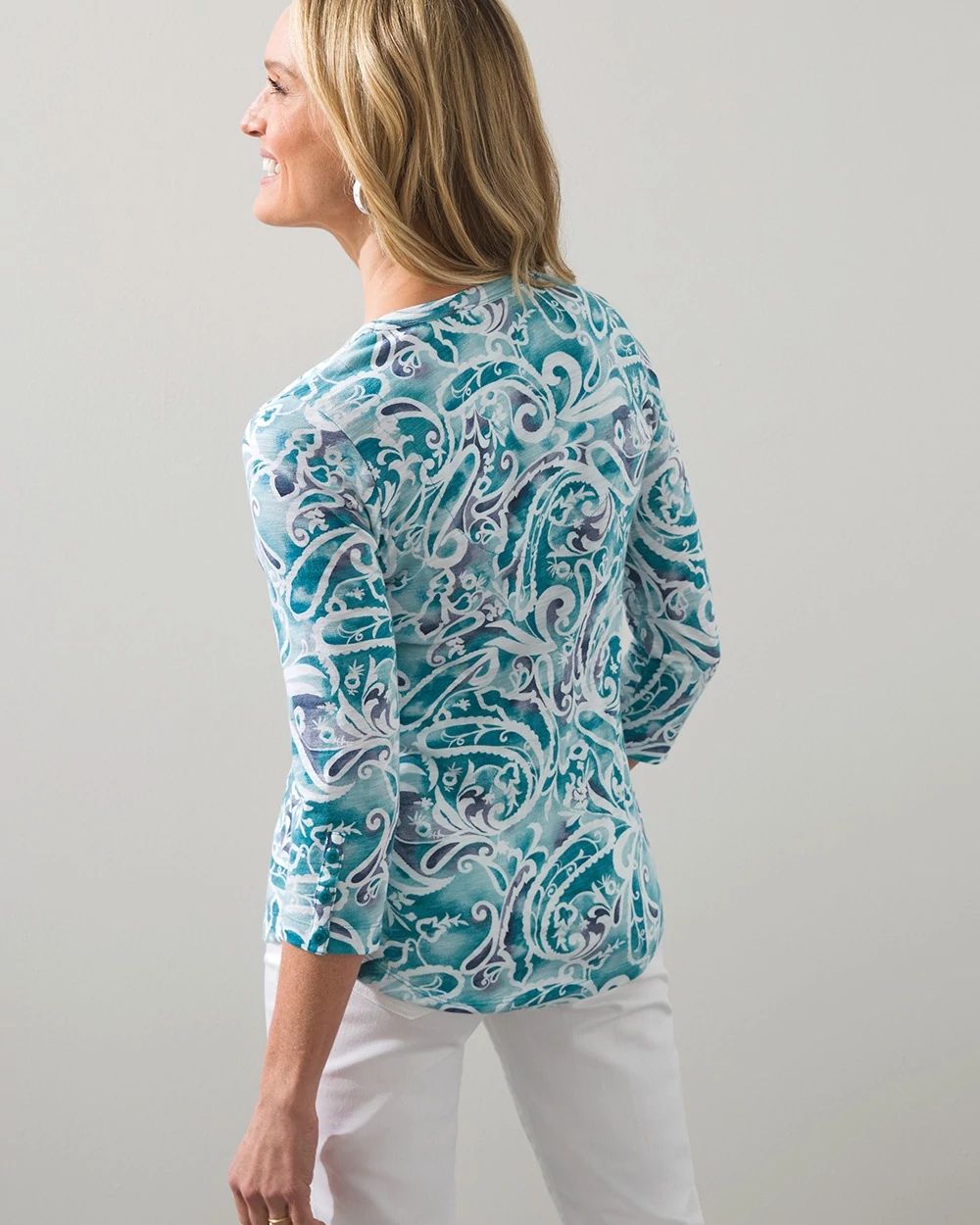 3/4 Sleeve Rib Detail Paisley Slub Tee