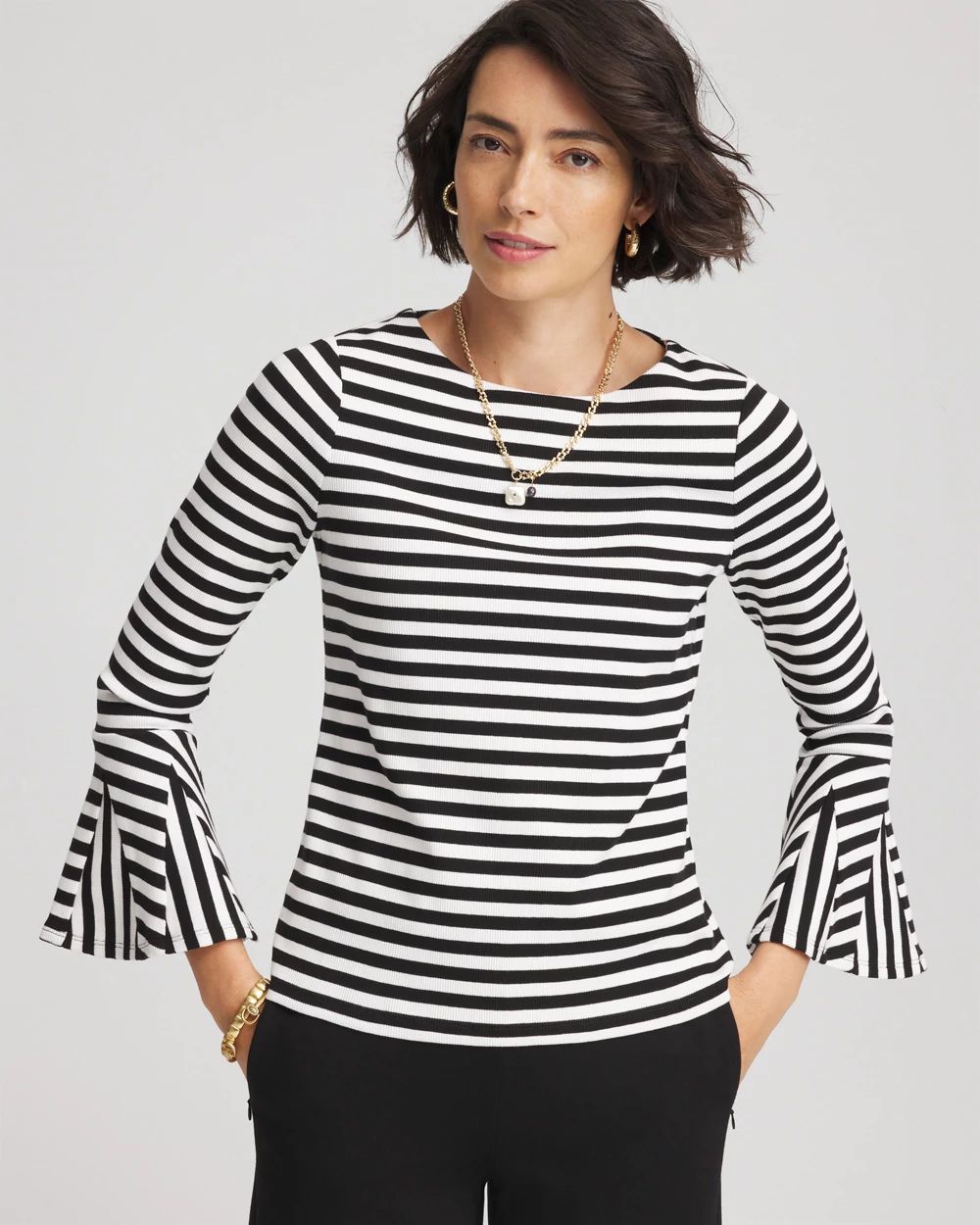 Ribbed Godet Flutter-Sleeve Top