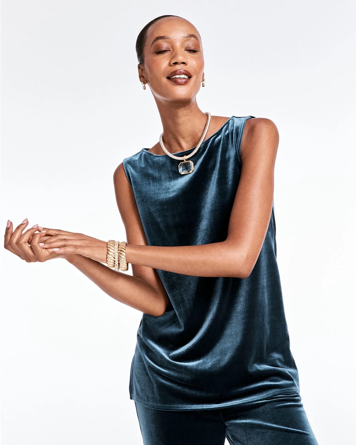 Chico's Travelers Velvet Side-slit Tank In Teal Shadow In Blue