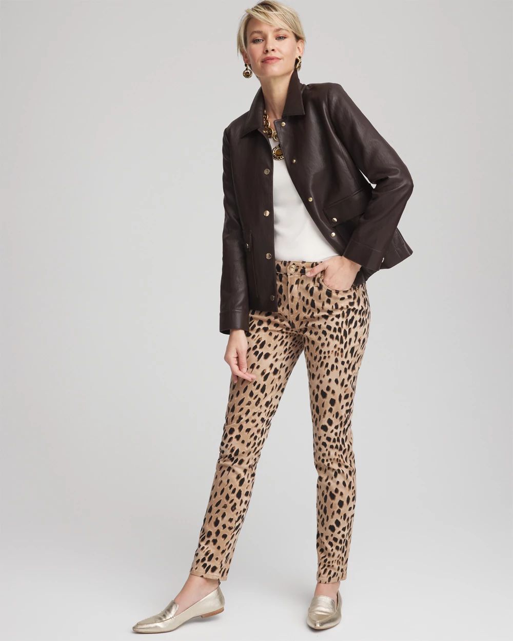 Snap Front Faux Leather Jacket click to view larger image.