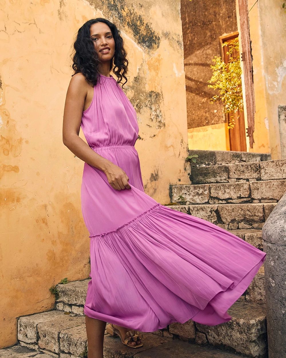 Ruched Crinkle Halter Dress