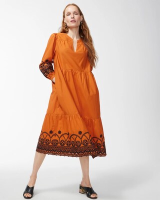 Poplin Embroidered Sleeve Midi Dress