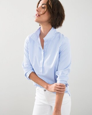 No-Iron Stretch Striped Button-Back Tunic