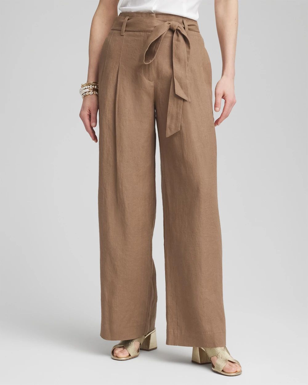 Petite Belted Pleated Wide-Leg Linen Pants