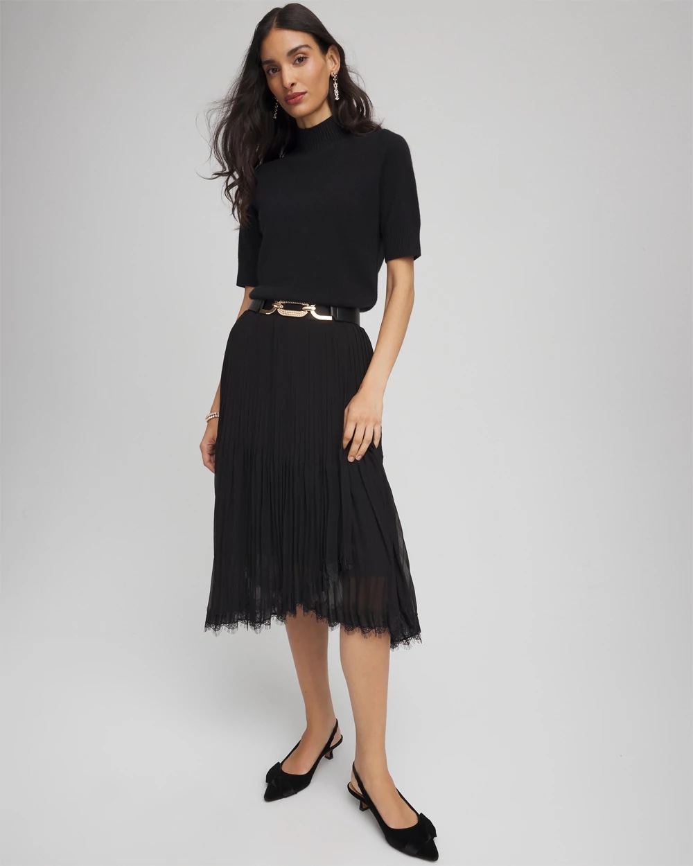 Women's Pleated Lace Hem Midi Skirt in Black size 8/10 | Chico's Women's Pleated Lace Hem Midi Skirt in Black size 8/10 | Chico's