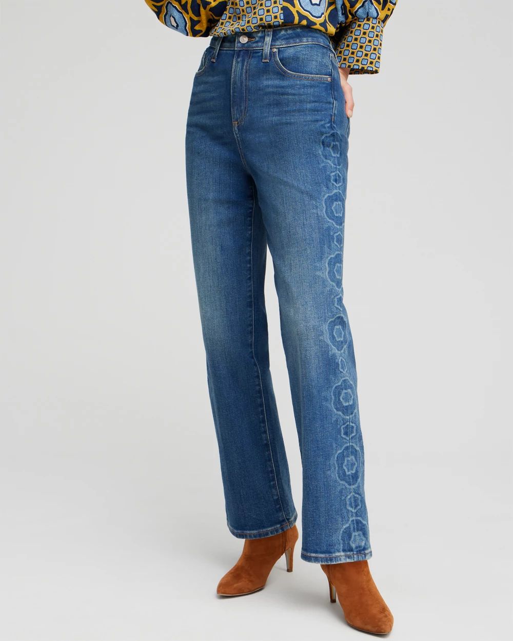 High Rise Laser Print Straight Jeans