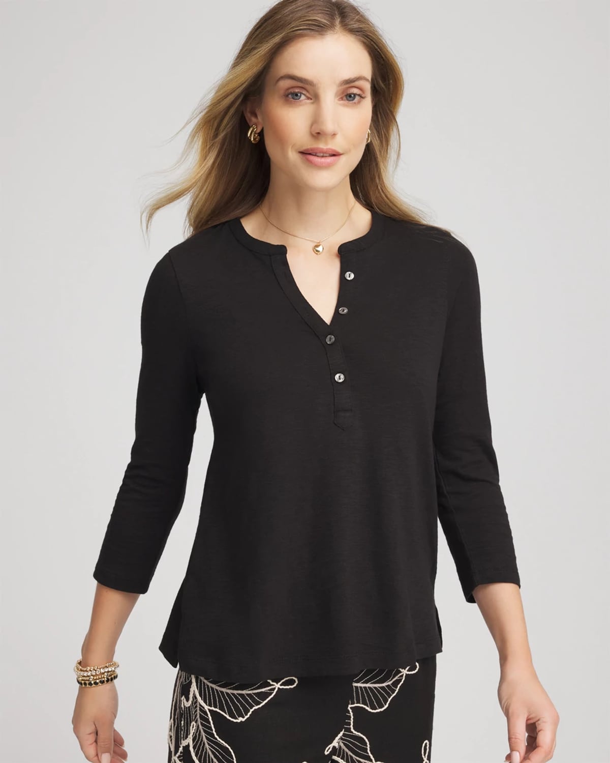 Chico's Cotton Henley Shirt In Black In Black