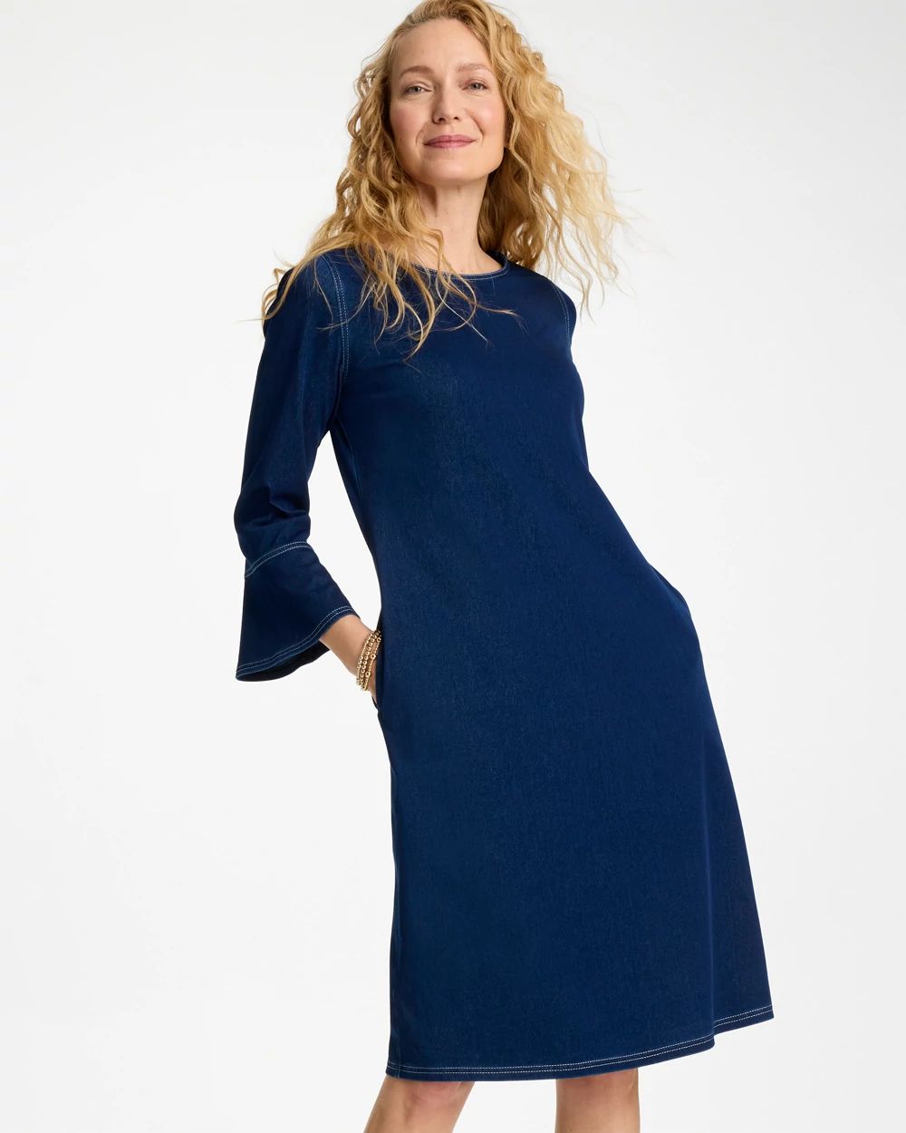 Bell Sleeve Knit Denim Dress