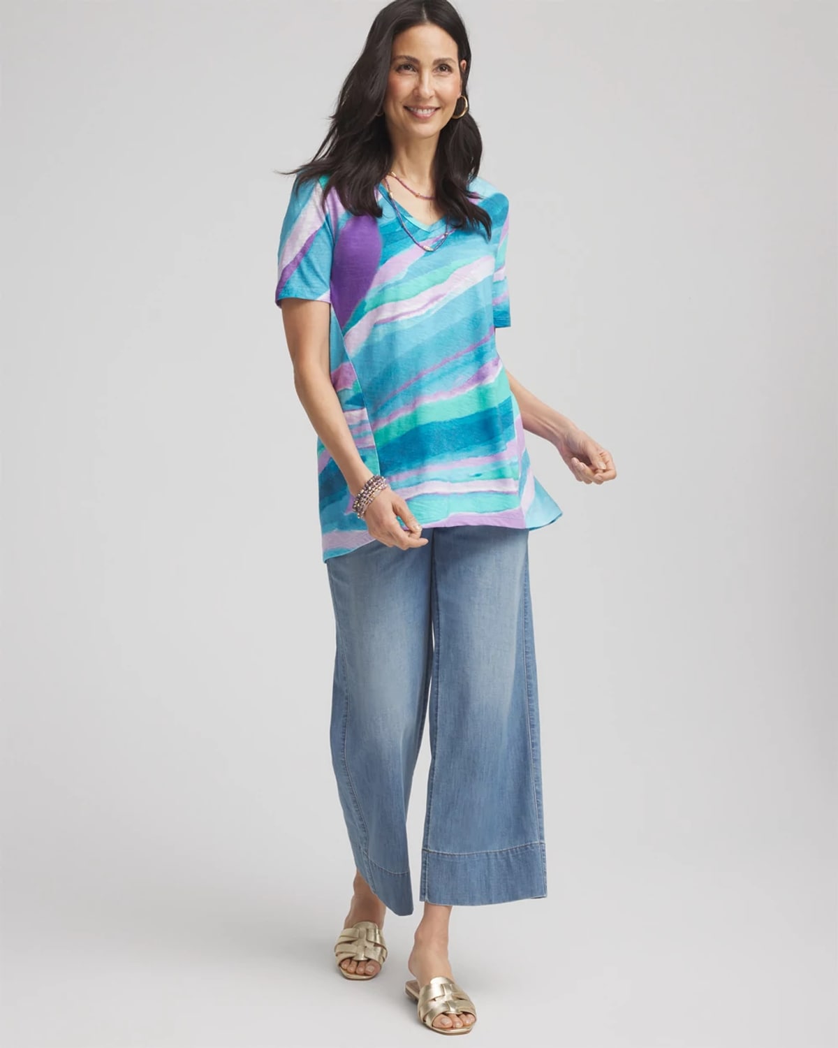 Chico's Sea Print Short Sleeve Forward-seam Tee In Blue