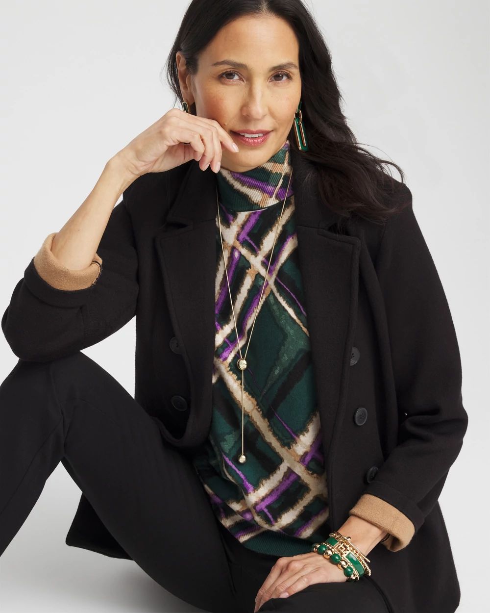 Plaid Elbow Sleeve Mock Neck Sweater