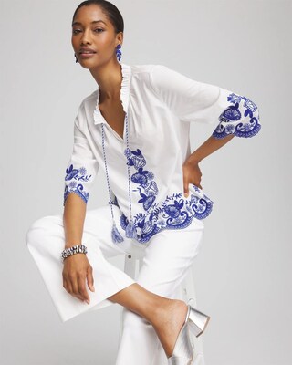 Embroidered Tassel Tie-Front Blouse click to view larger image.