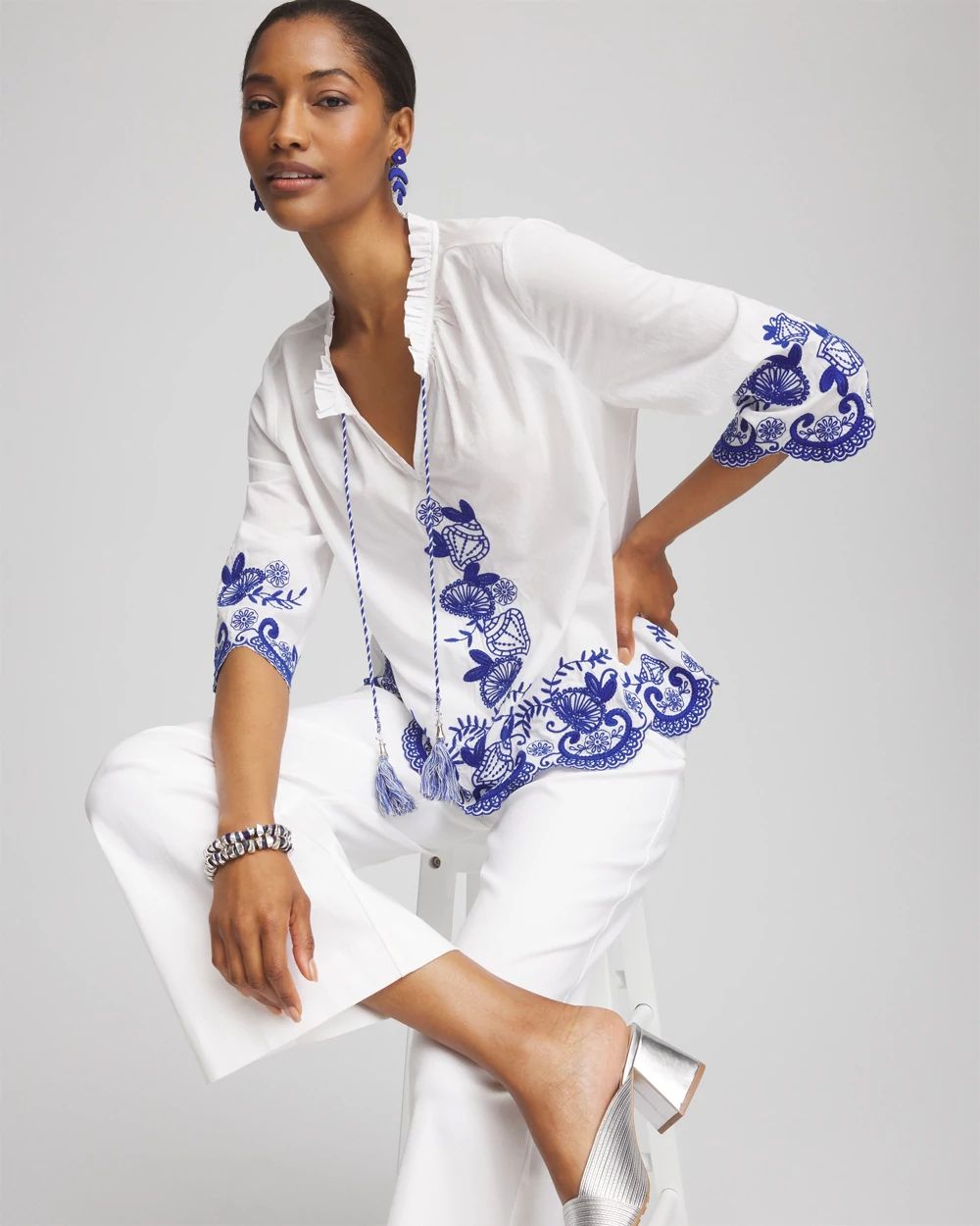 Embroidered Tassel Tie-Front Blouse