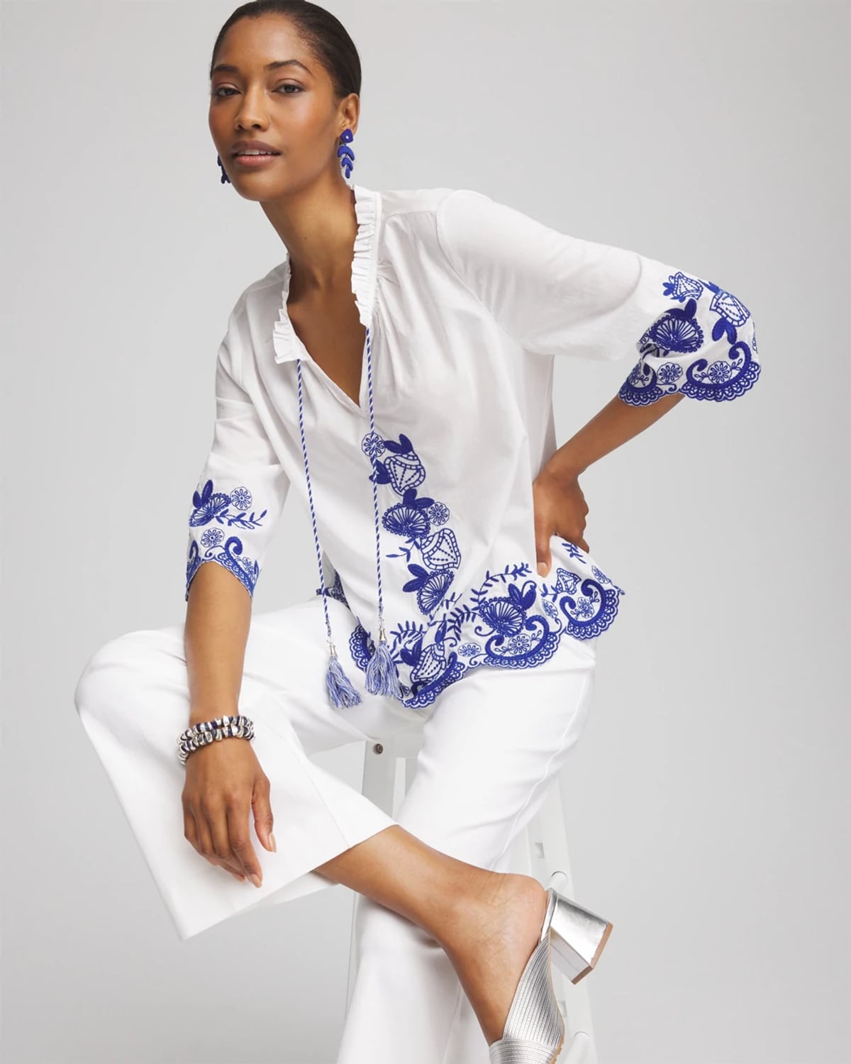 Chico's Embroidered Tassel Tie-front Blouse In Blue