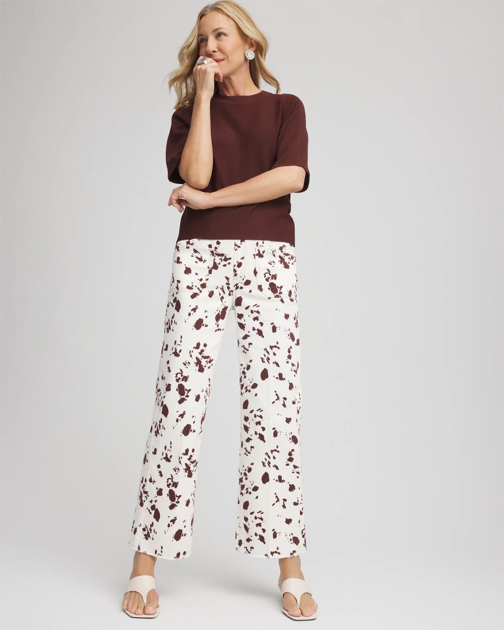 Cow-Print Pull-On Wide Cropped Jeans