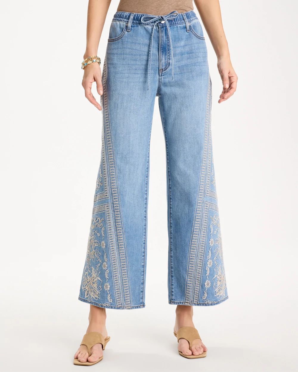 Floral Geo Wide-Leg Drawstring Jeans
