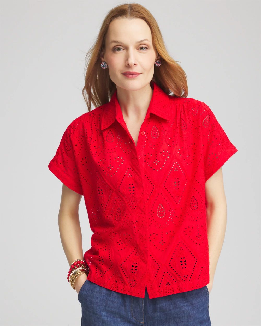 Embroidered Eyelet Button-down Top