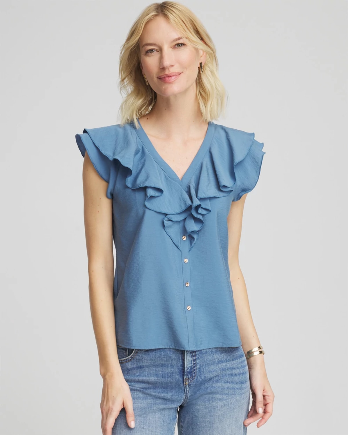 Chico's Crepe Ruffle-trim Blouse In Blue Lotus In Blue