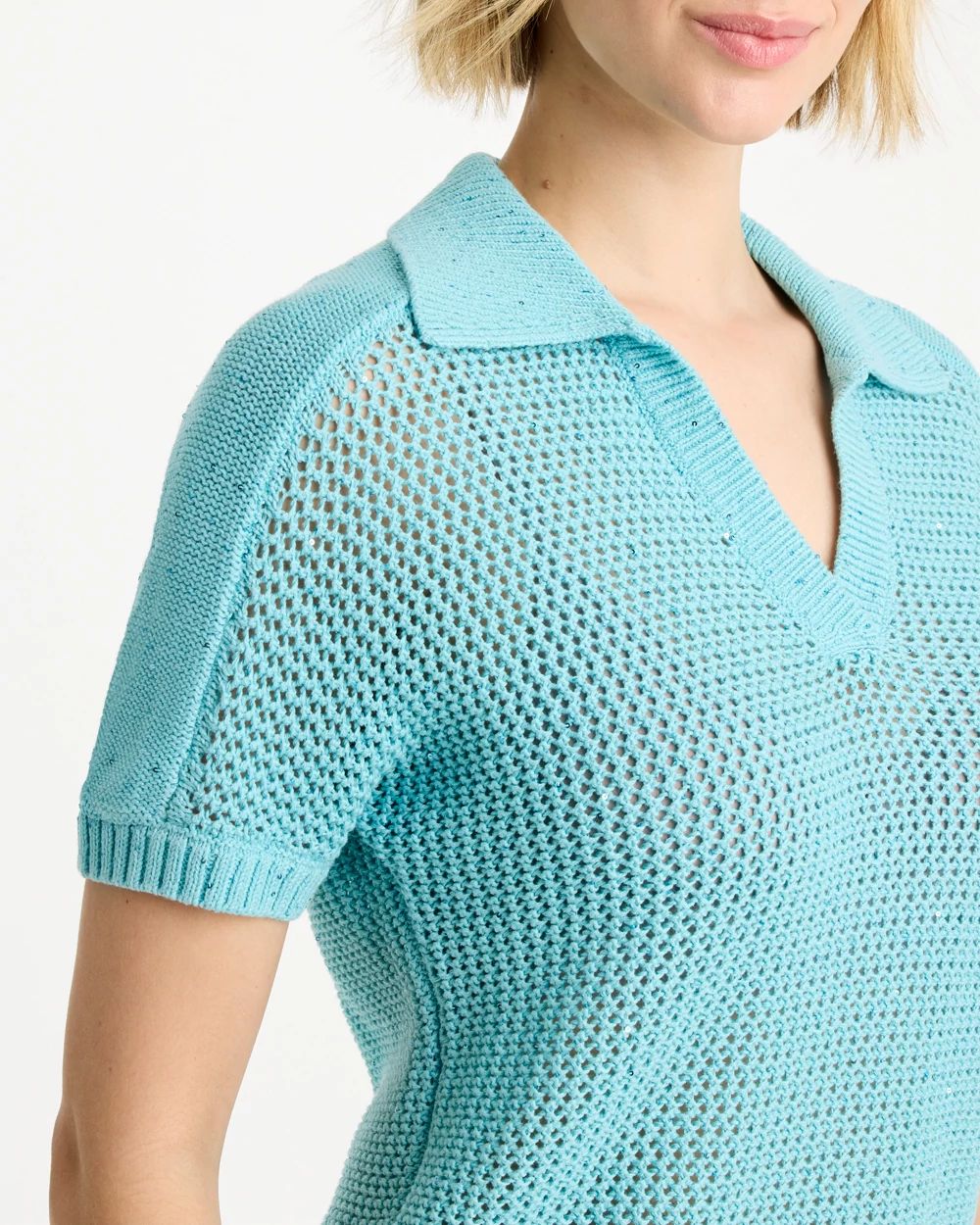 Sequin Pointelle Pullover Polo Sweater