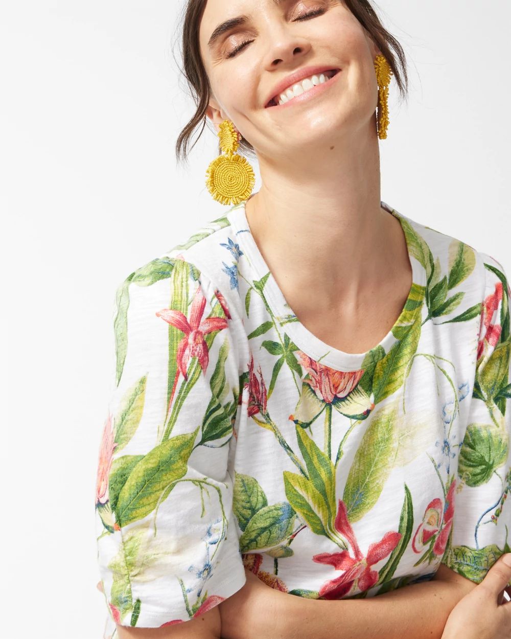 Floral Gathered Sleeve Slub Tee