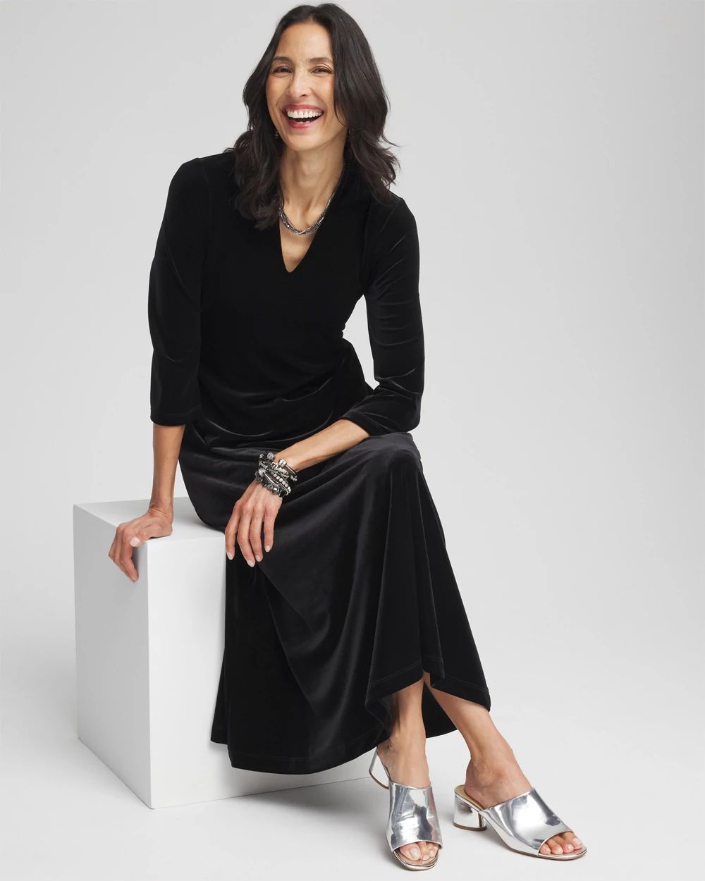 V-Neck Velour Midi Dress
