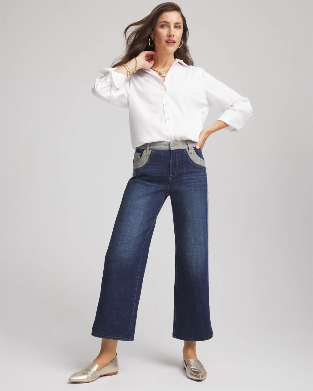 Girlfriend Cropped Colorblock Wide-Leg Jeans