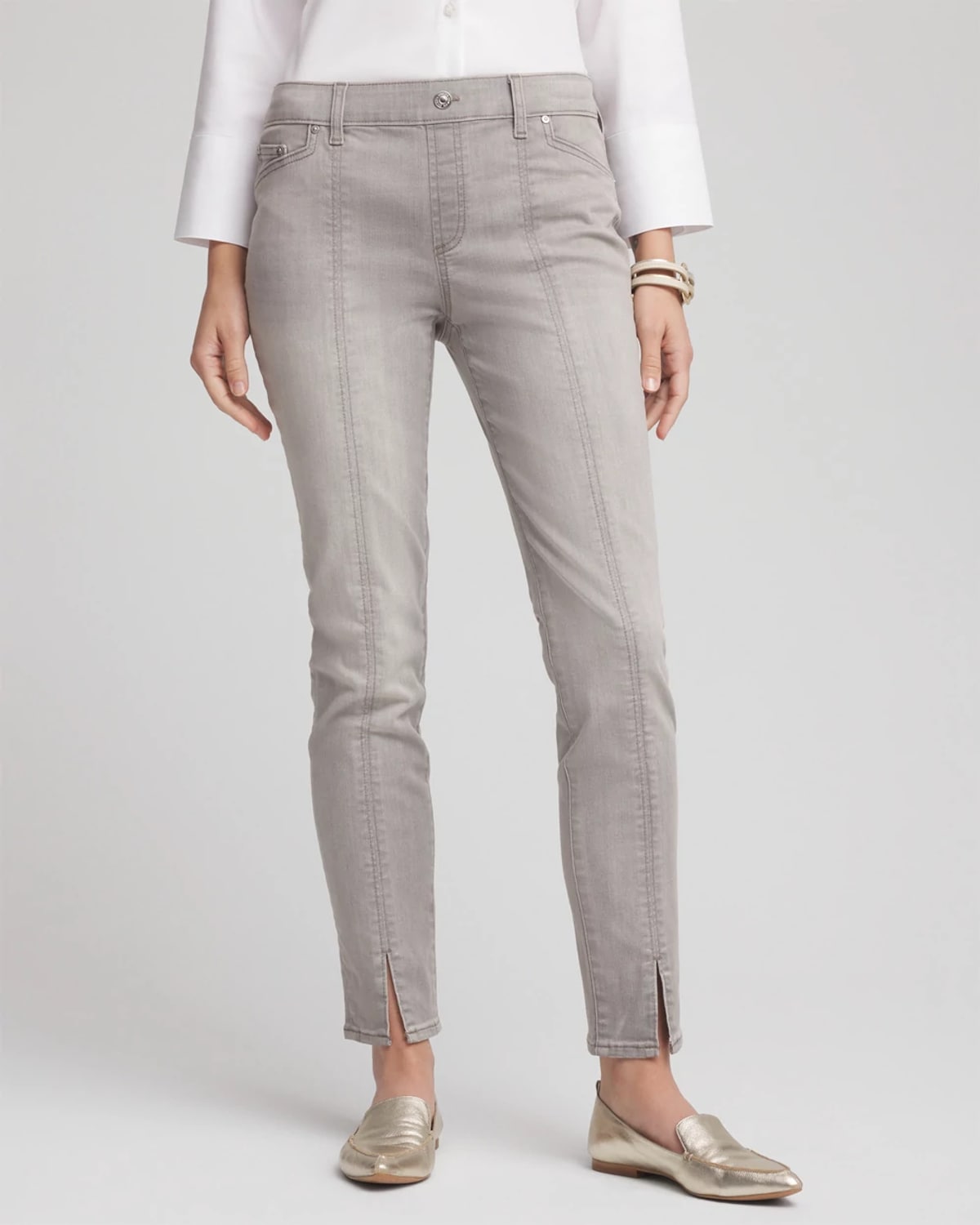 Chico's Silver Pull-on Slim Ankle Jeggings In Silver Birch Wash In Gray