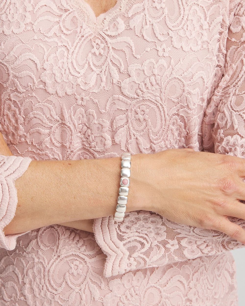 Pink Stone Silvertone Stretch Bracelet