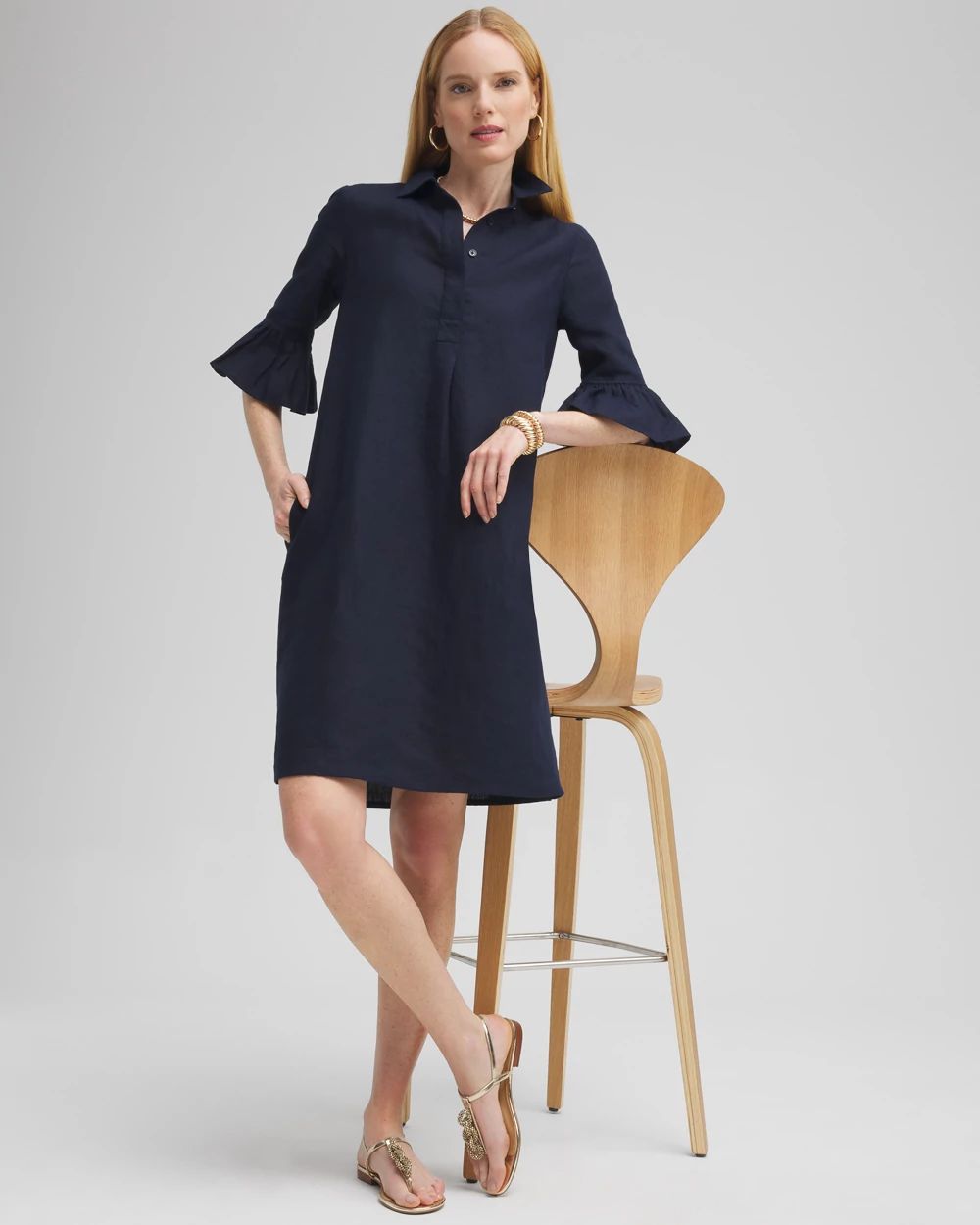 Linen Fluted Sleeve Dress click to view larger image.