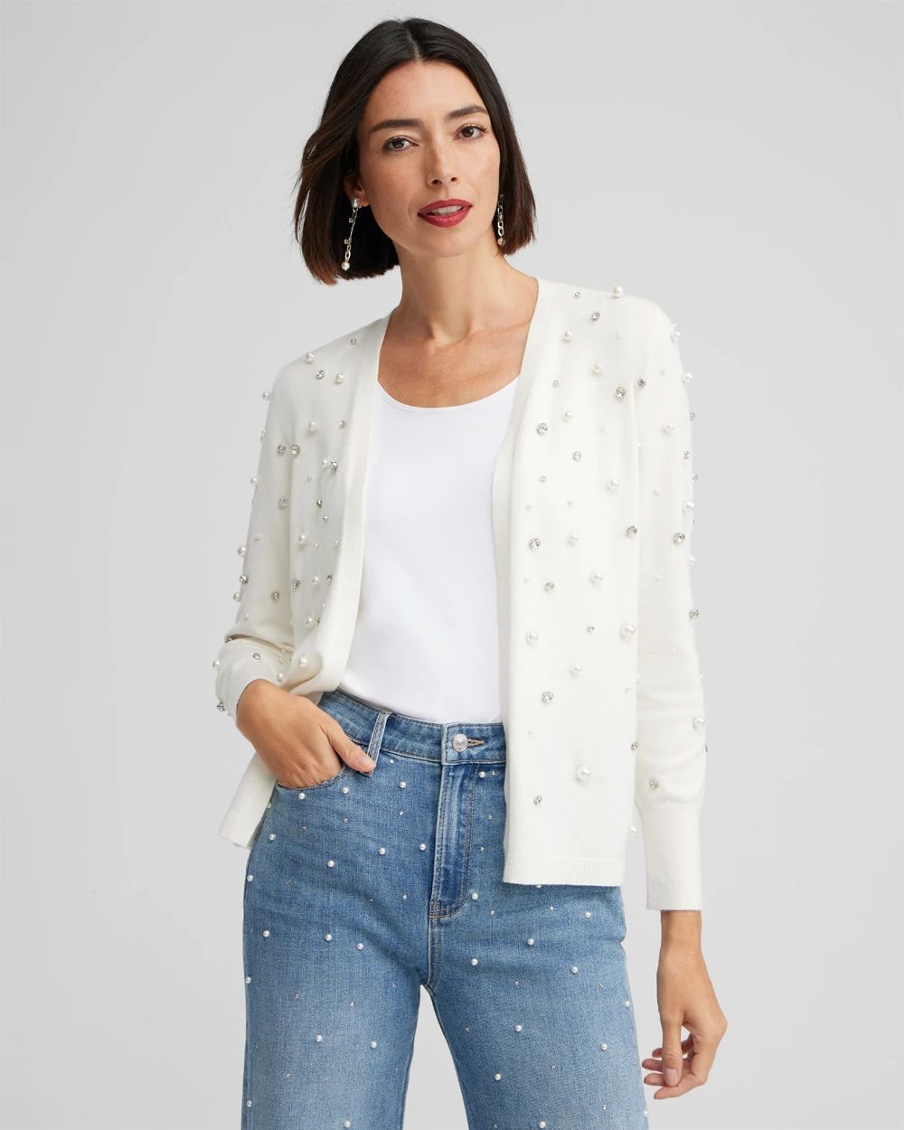Faux Pearl & Rhinestone Cardigan Sweater