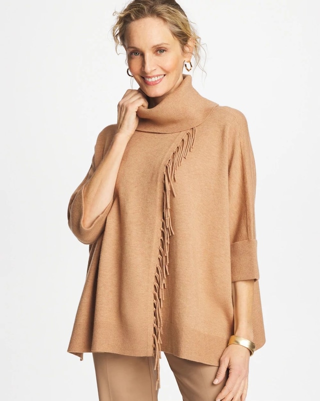 Cowlneck Knit Fringe Poncho - image 2