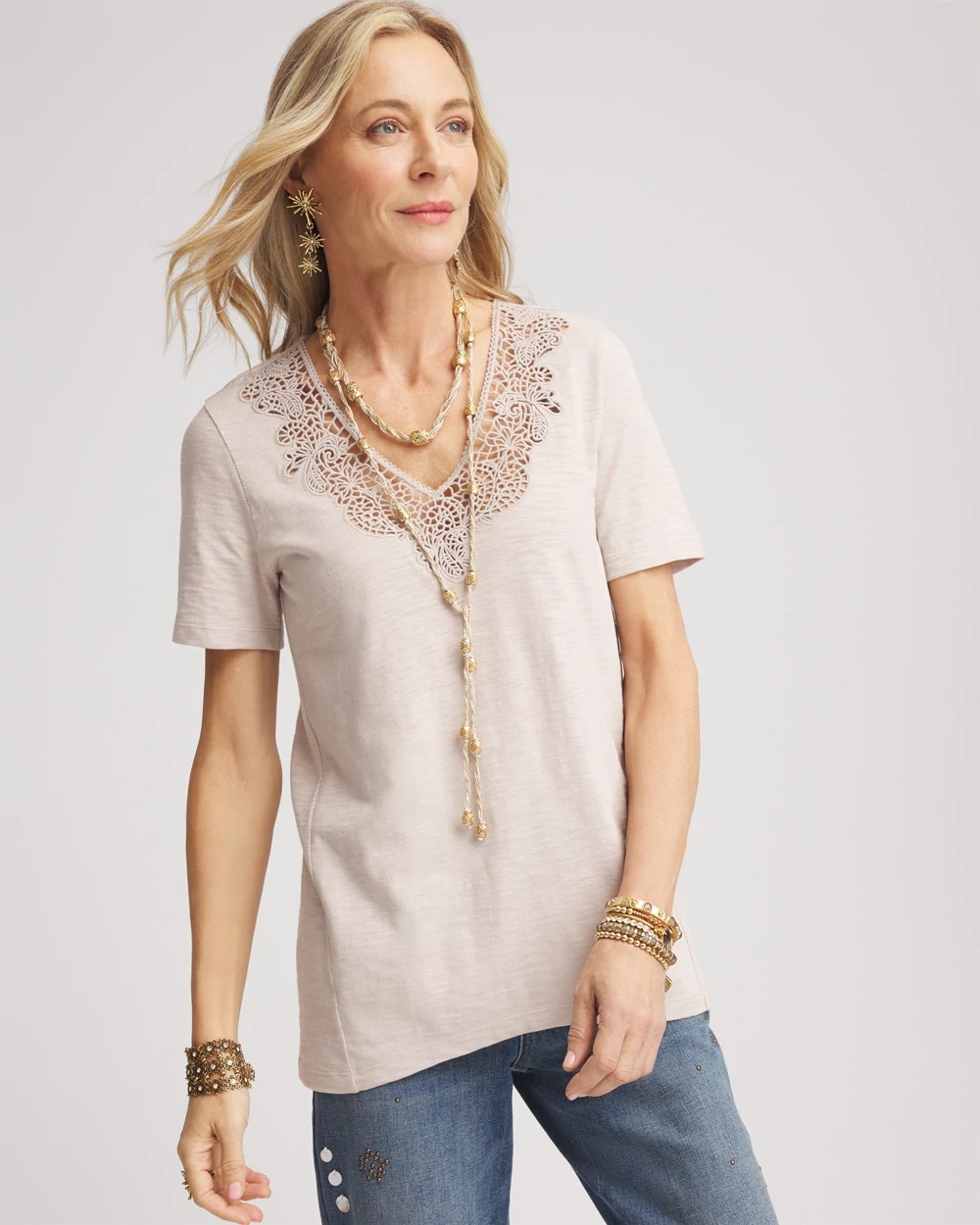 Lace V-Neck Slub Tee, photo 1 of 4