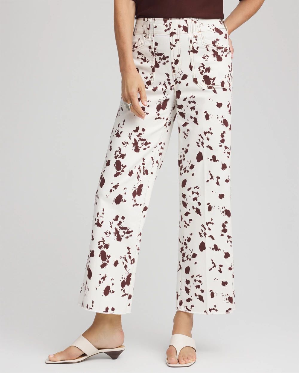 Cow-Print Pull-On Wide Cropped Jeans