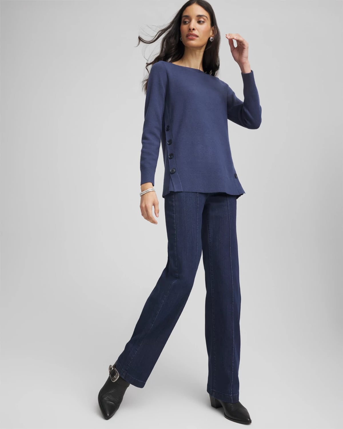 Chico's Ella Button Tunic Sweater In Indigo Sky In Blue