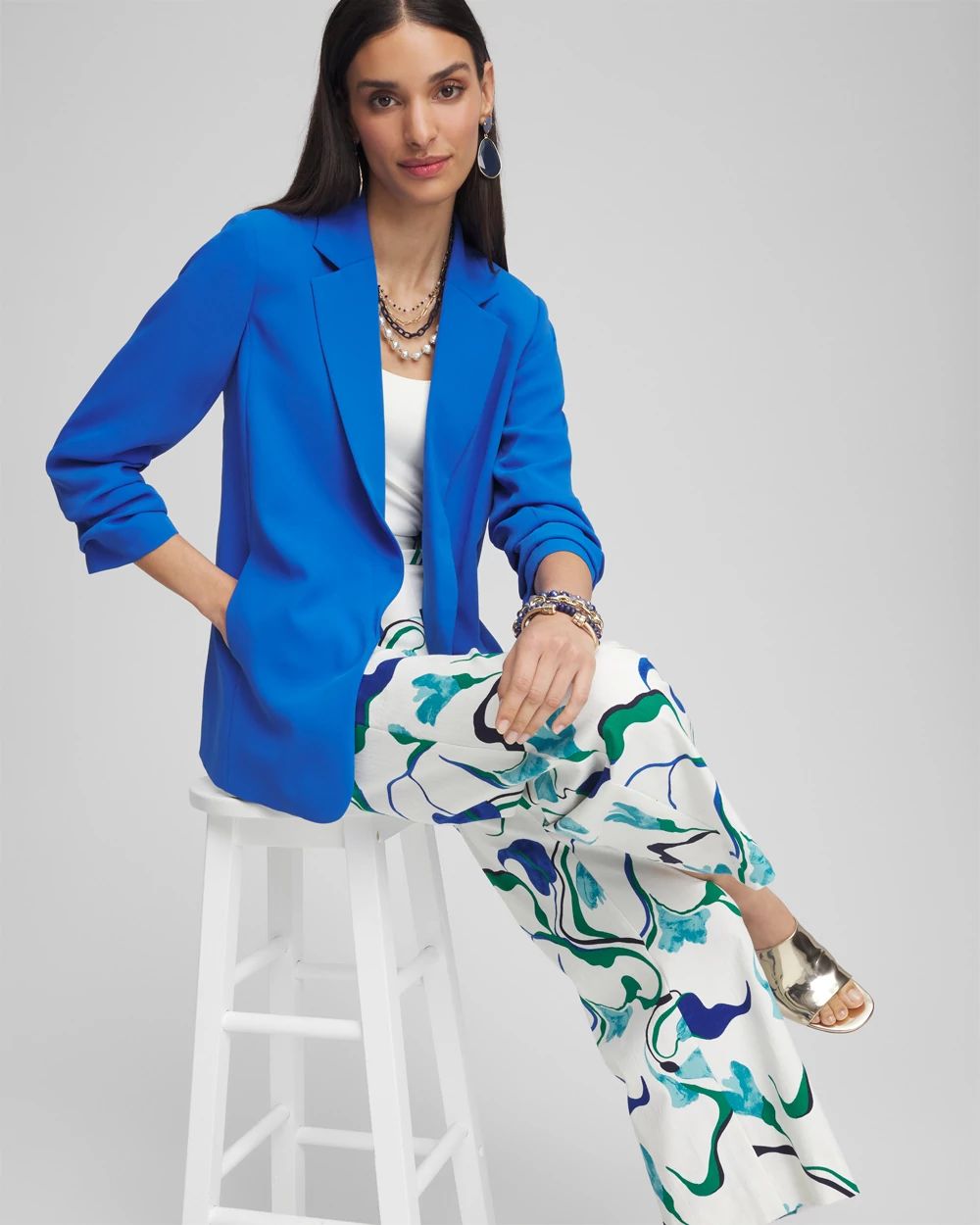 Notched-Lapel Ruched Sleeve Blazer