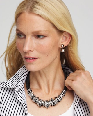 Black & Silvertone Charm Bib Necklace click to view larger image.