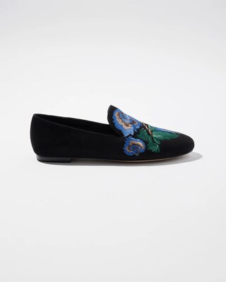Vegan Suede Floral Embroidered Loafers